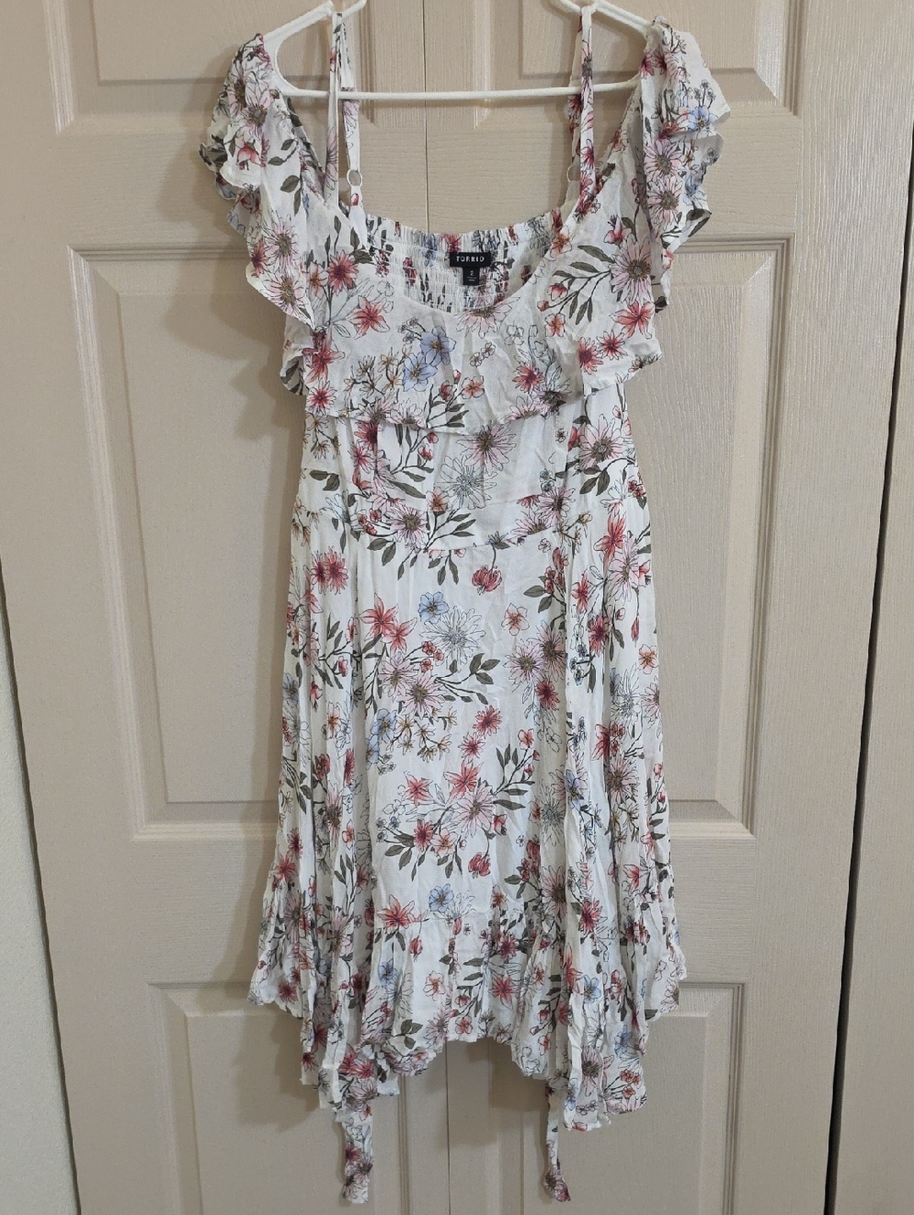 Torrid White Floral Ruffle Dress with Pink & Blue Blooms